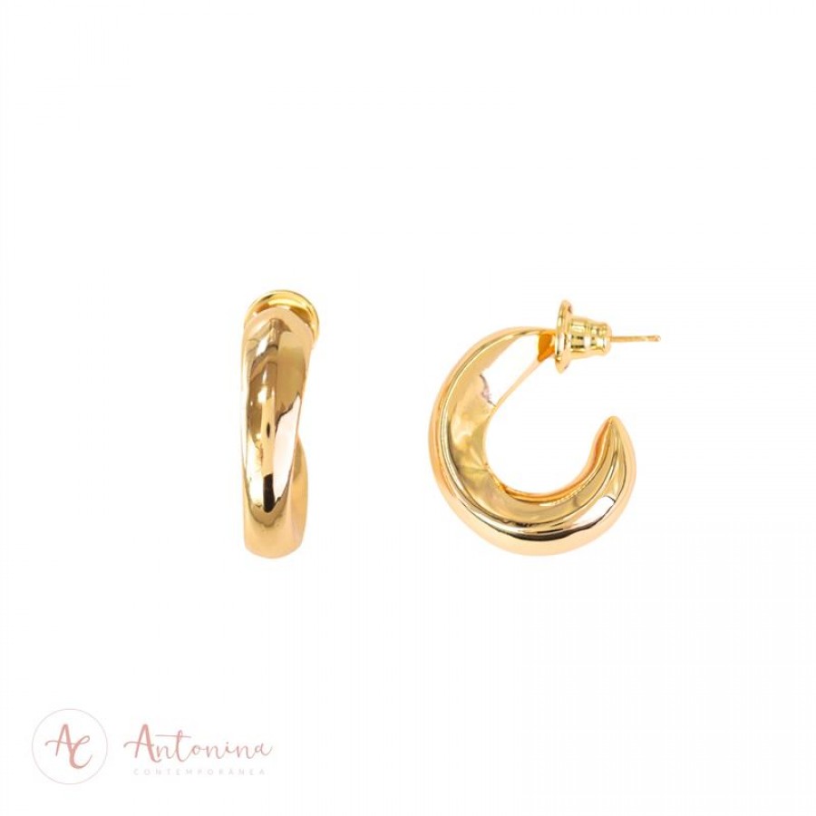 Brinco Argola Oval Curve Banhado Em Ouro 18k