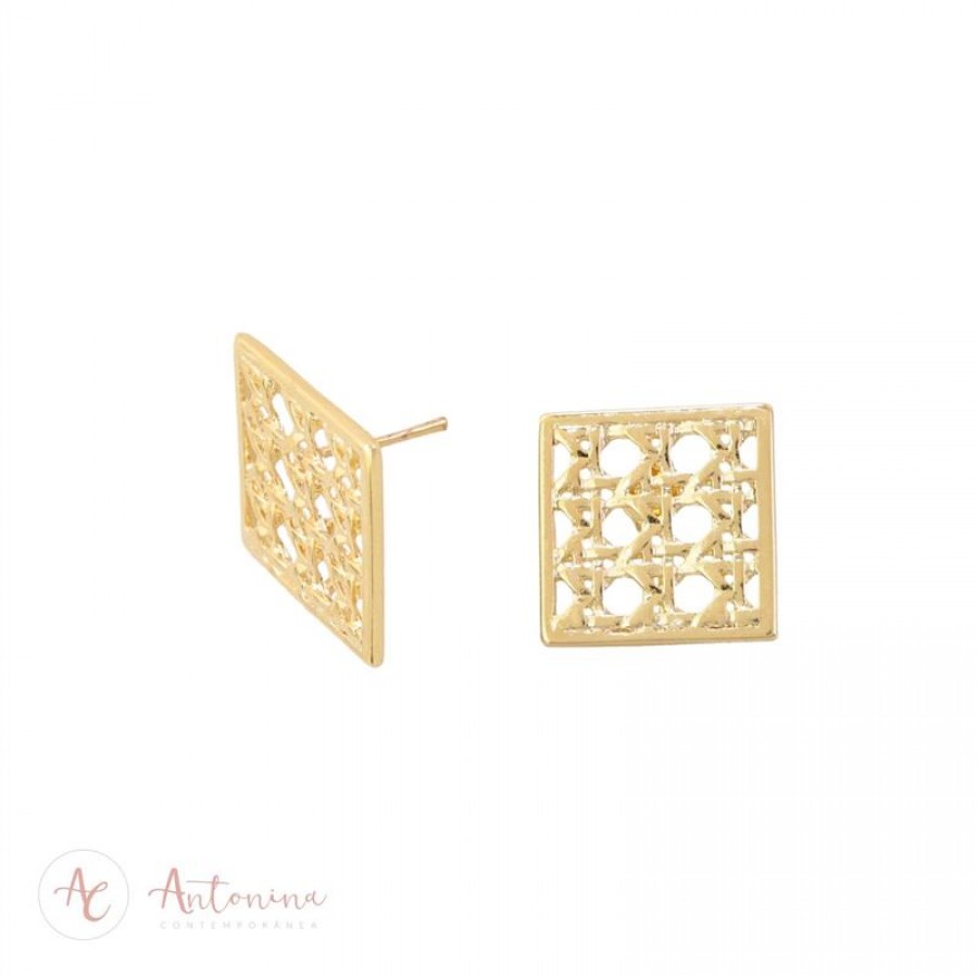 Brinco Quadrado Rattan Banhado Em Ouro 18k 