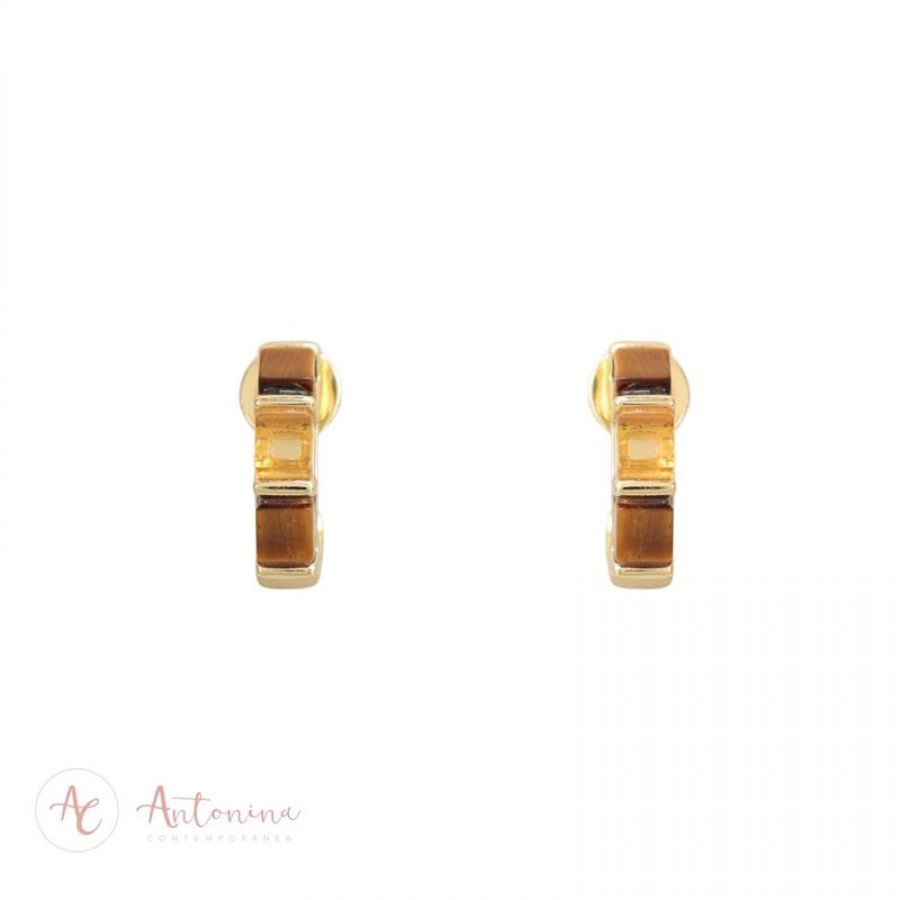 Argola 3 Pedras Olho De Tigre/Citrino Banhado Em Ouro 18k