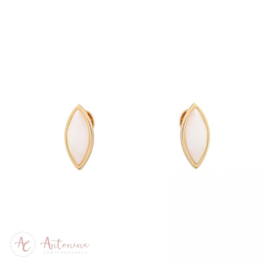 Brinco Navete Quartzo Branco Banhado Em Ouro 18k