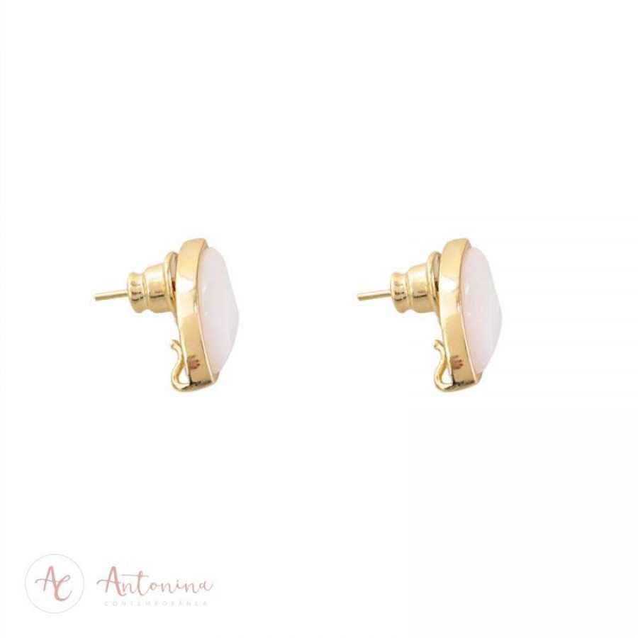 Brinco Navete Quartzo Branco Banhado Em Ouro 18k