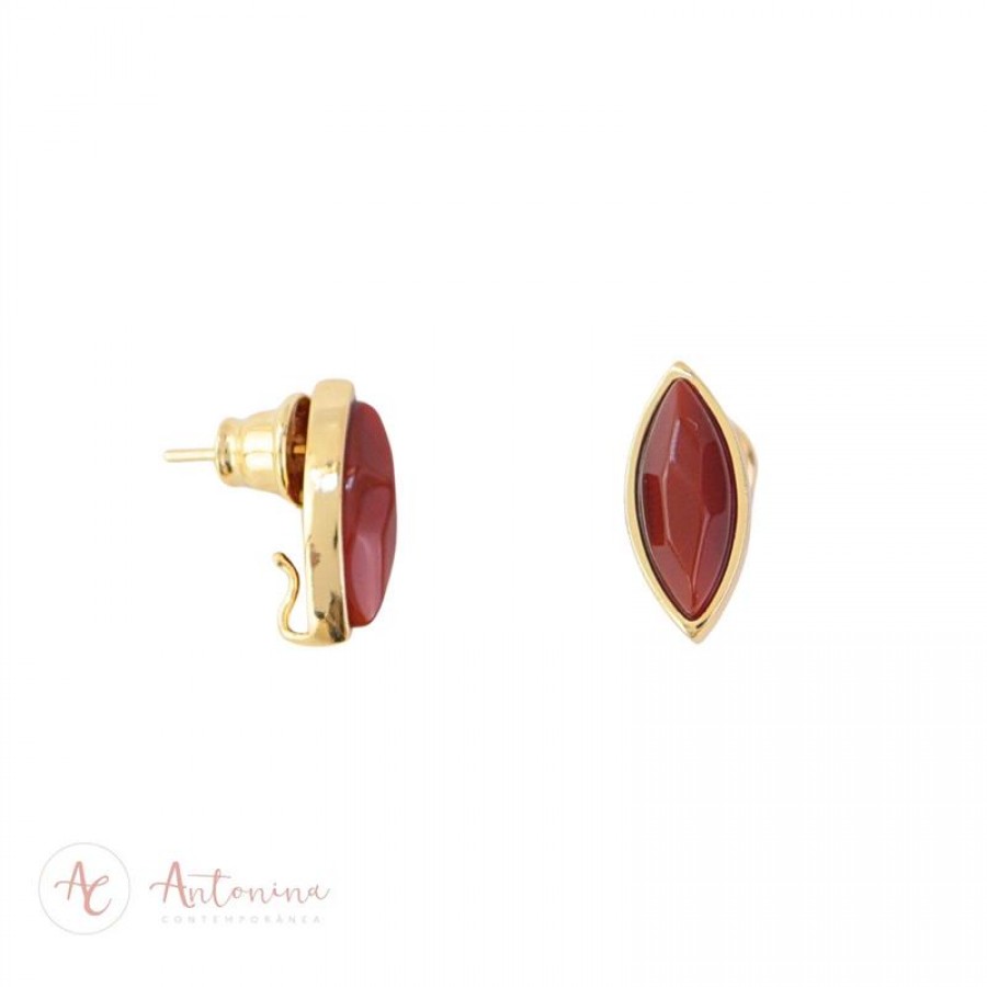 Brinco Navete Ágata Fogo Banhado Em Ouro 18k