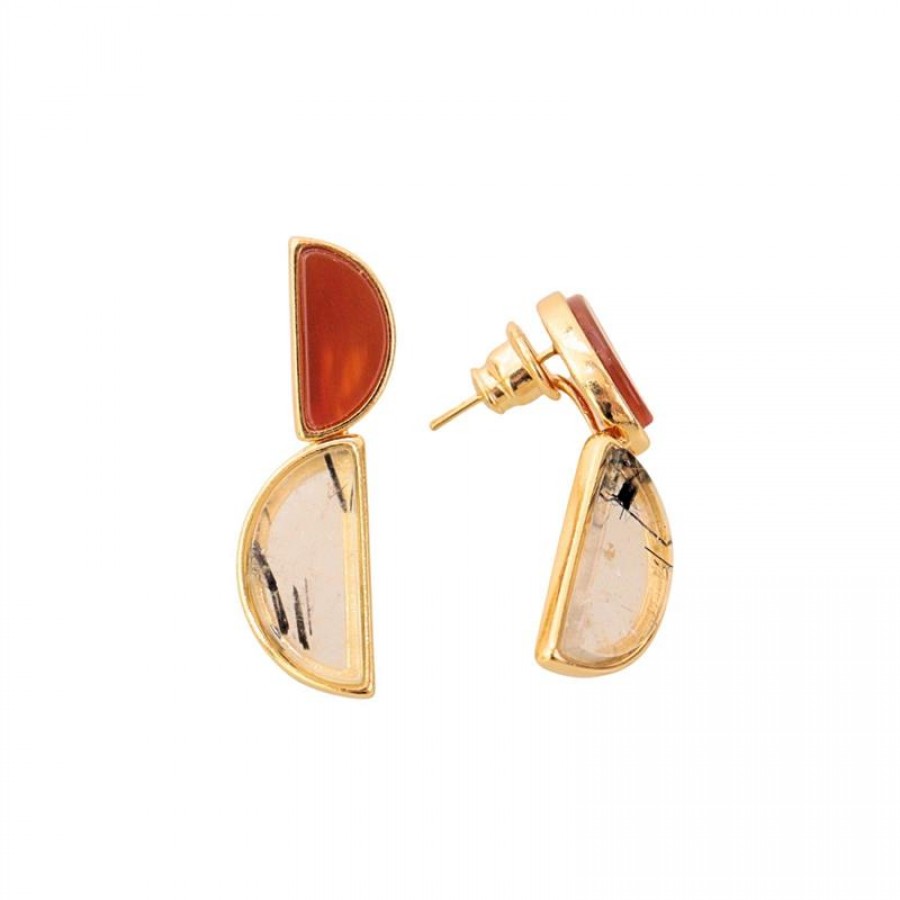 Brinco Pingente Meia Lua Ágata Laranja Com Rutilo Grafitado