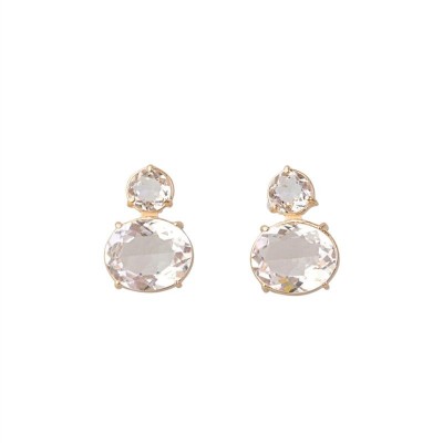 Brinco Duplo Oval De Cristal Translúcido Banhado Em Ouro 18k