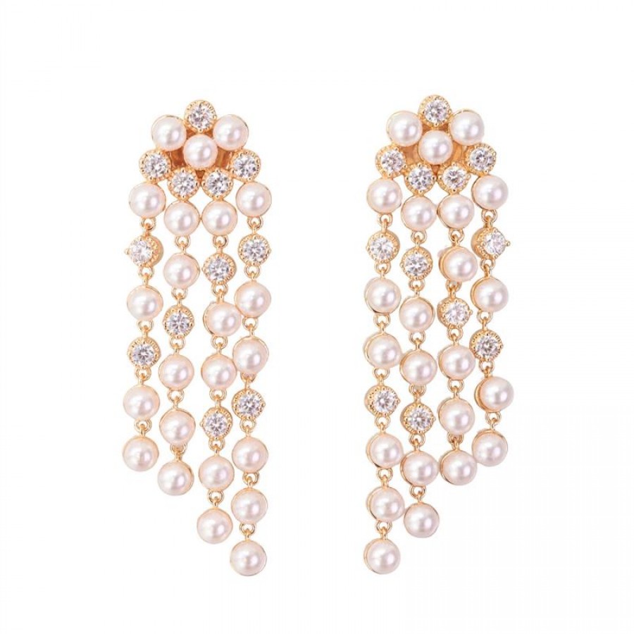 Brinco Cascata De Pérola Com Cristal Banhado Em Ouro 18k 