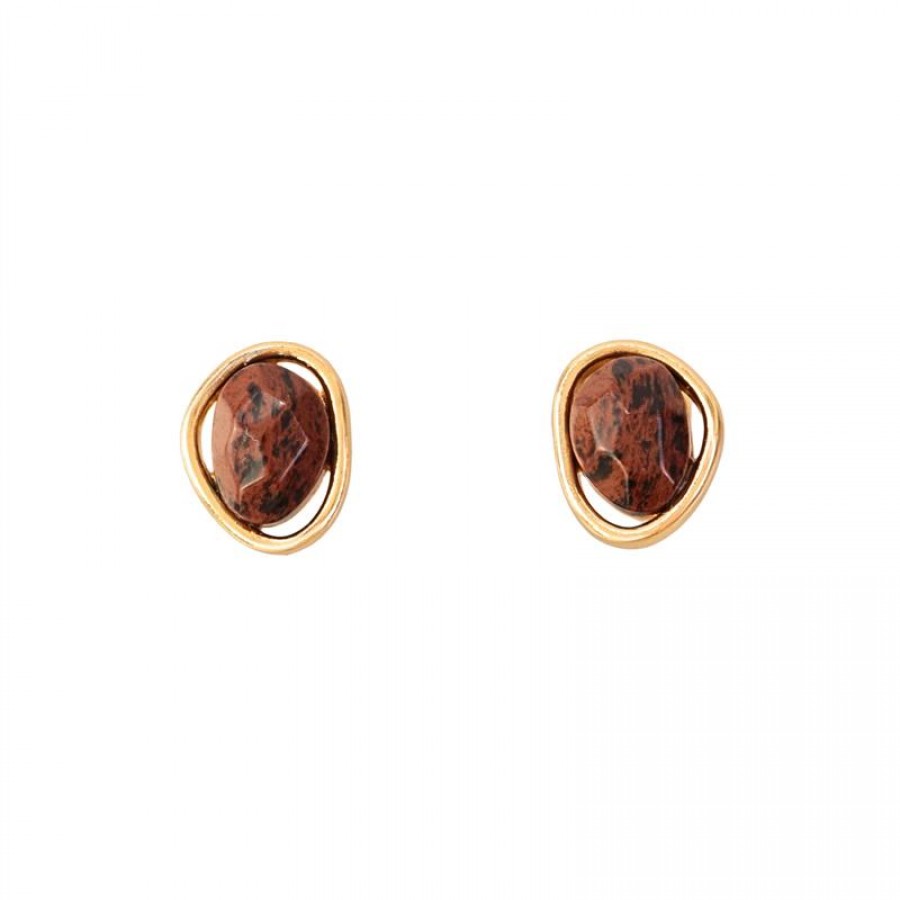 Brinco Formas Irregulares Pedras Naturais Obsidiana Café Banhado Em Ouro 18k