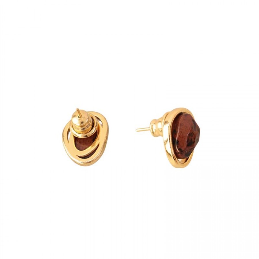 Brinco Formas Irregulares Pedras Naturais Obsidiana Café Banhado Em Ouro 18k