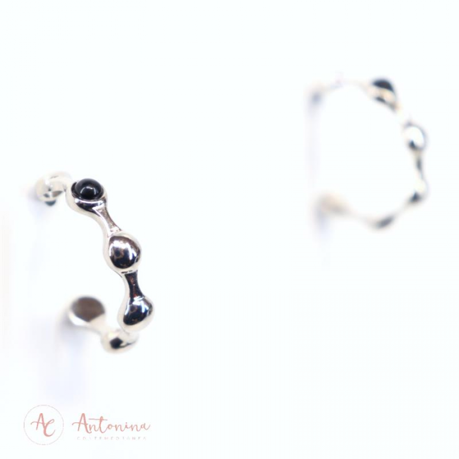 Brinco Argola Com Obsidiana Negra Banhado Em Ródio