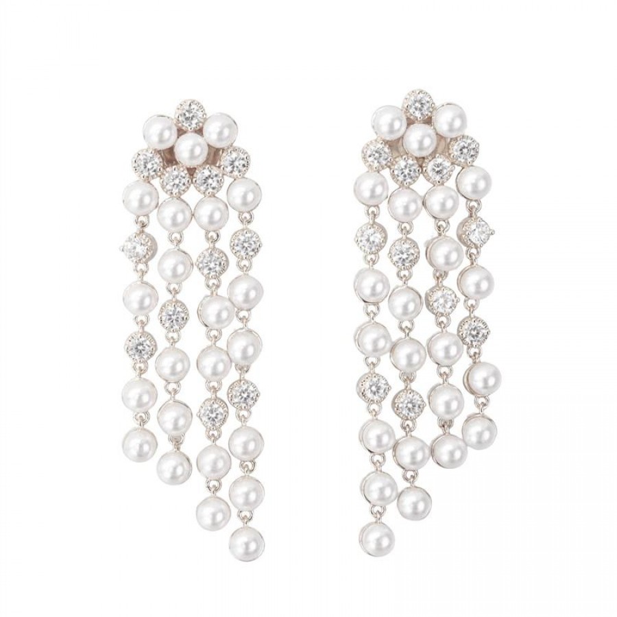 Brinco Cascata De Pérola Com Cristal Banhado Ródio 