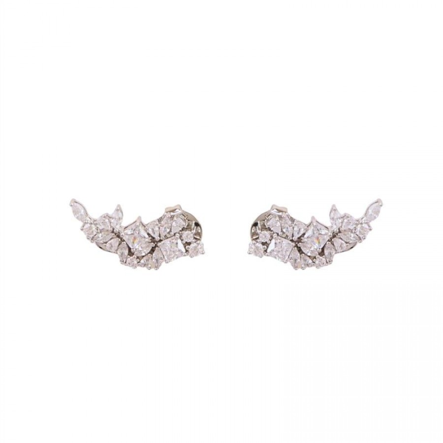 Brinco Ear Cuff Floral Com Cristais Banhdo Em Ródio