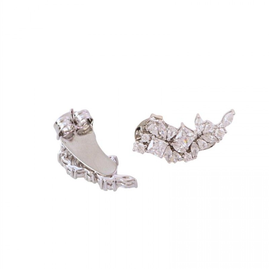 Brinco Ear Cuff Floral Com Cristais Banhdo Em Ródio
