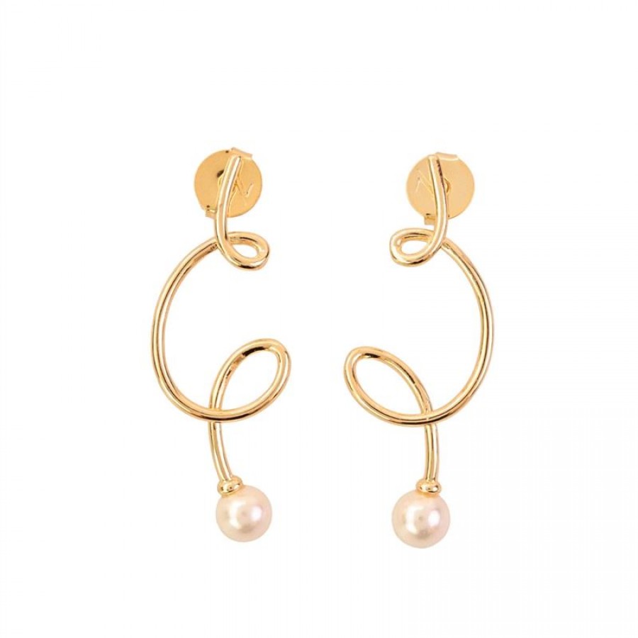 Brinco Linhas Orgânicas Com Pérola Banhado Em Ouro 18k 