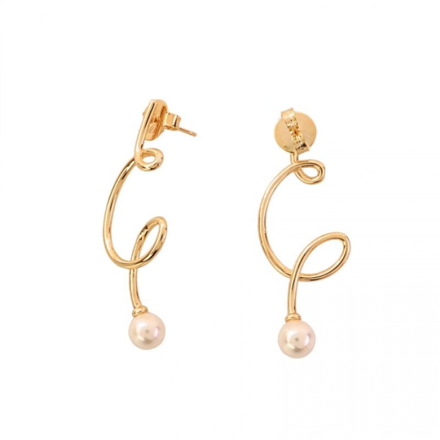 Brinco Linhas Orgânicas Com Pérola Banhado Em Ouro 18k 