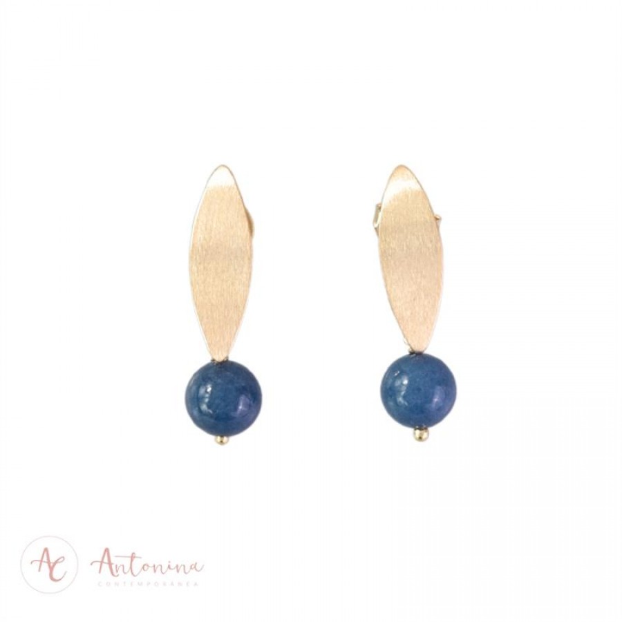 Brinco Base Navete Com Sodalita Banhado Em Ouro 18 K