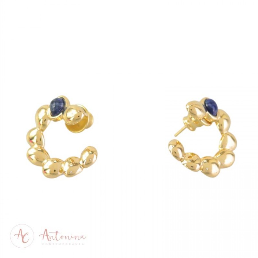 Brinco Gaia Frontal Com Sodalita Banhado Em Ouro 18k