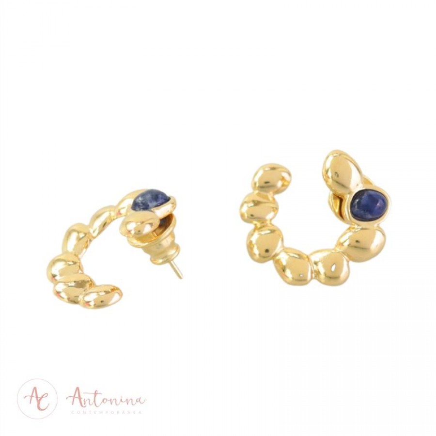 Brinco Gaia Frontal Com Sodalita Banhado Em Ouro 18k