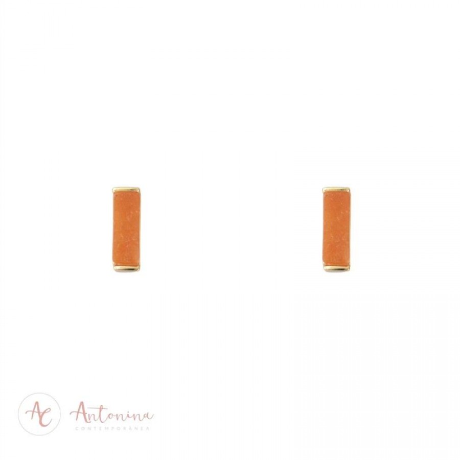 Argola Retangular Ágata Laranja Banhado Em Ouro 18k