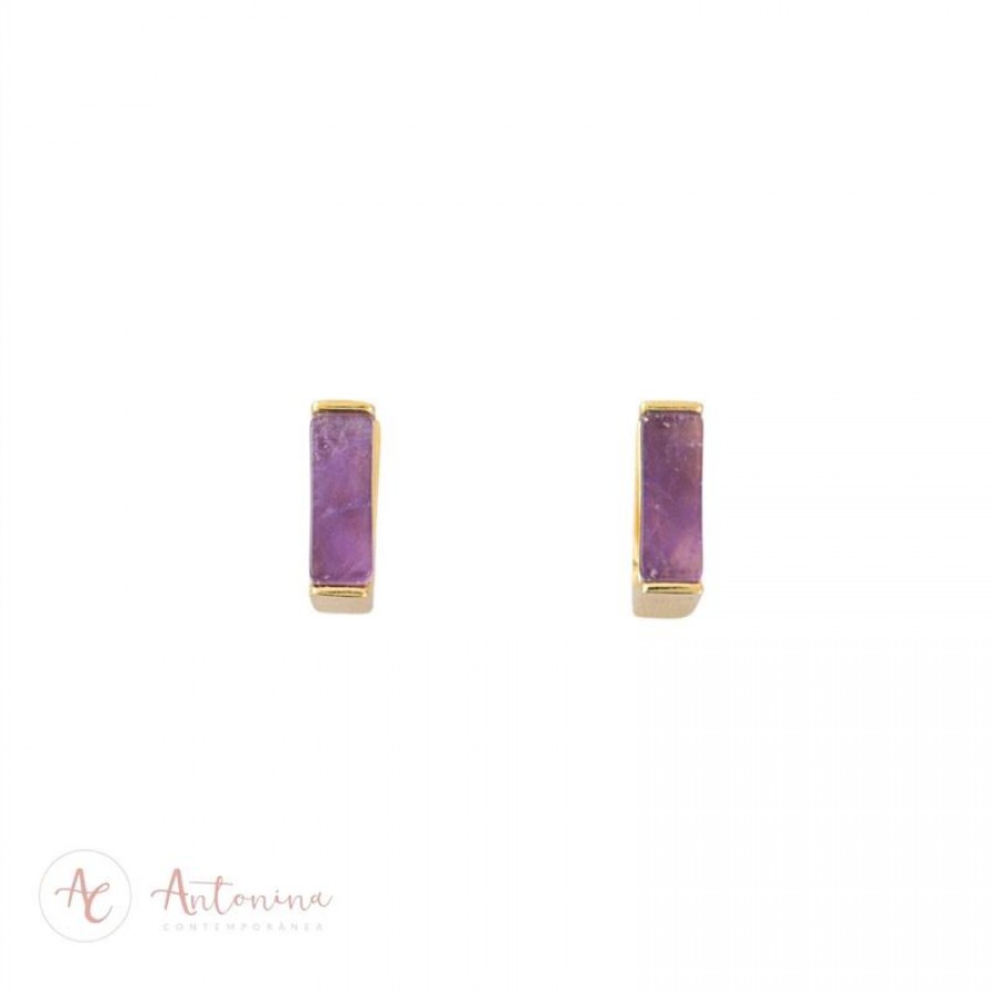 Argola Retangular Ametista Banhado Em Ouro 18k