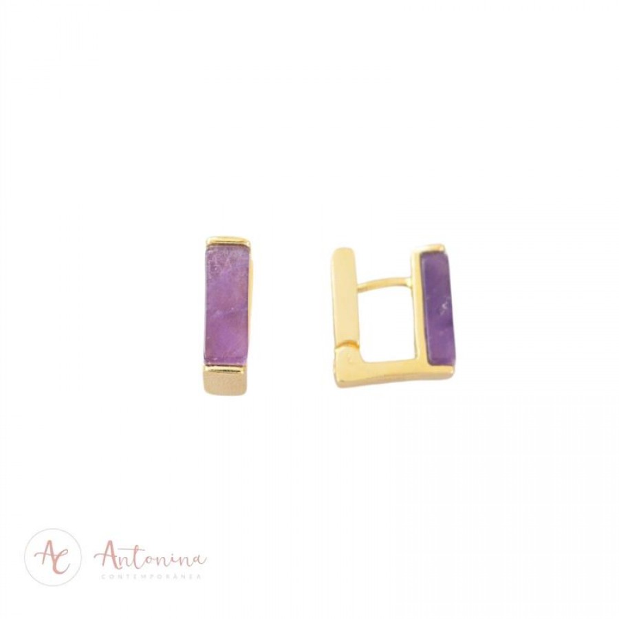 Argola Retangular Ametista Banhado Em Ouro 18k