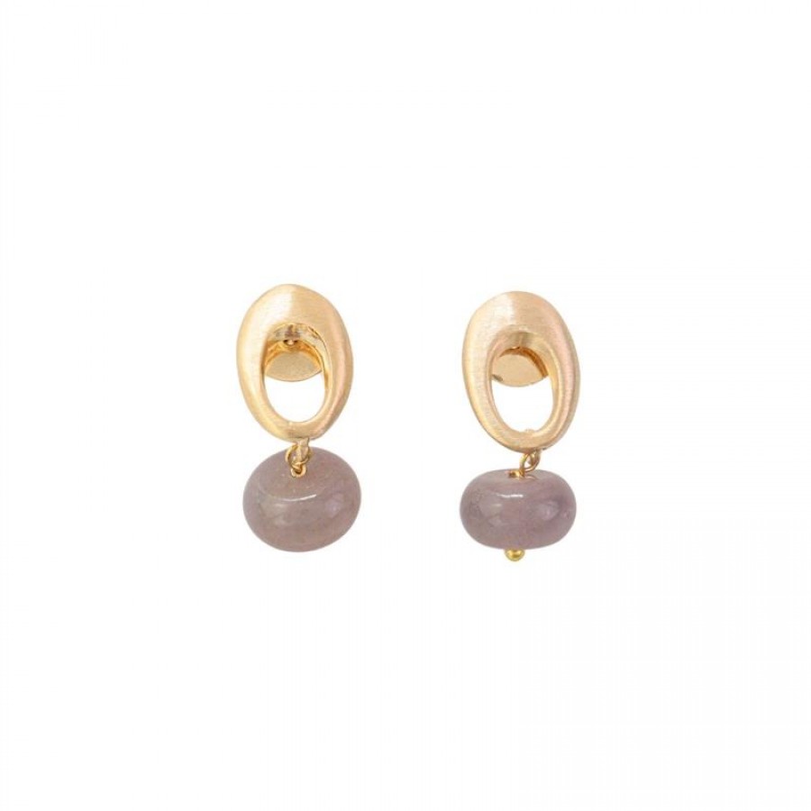 Brinco Base Oval Vazado Com Jade Uva Banhado Em Ouro 18k