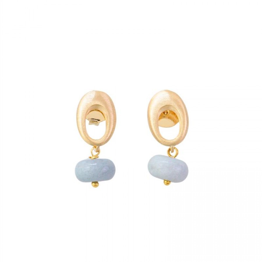 Brinco Base Oval Vazado Com Jade Angelita Banhado Em Ouro 18k