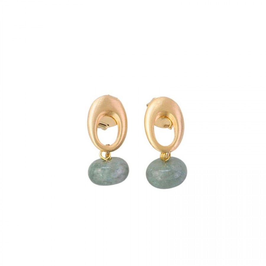 Brinco Base Oval Vazado Com Jade Cinza Banhado Em Ouro 18k