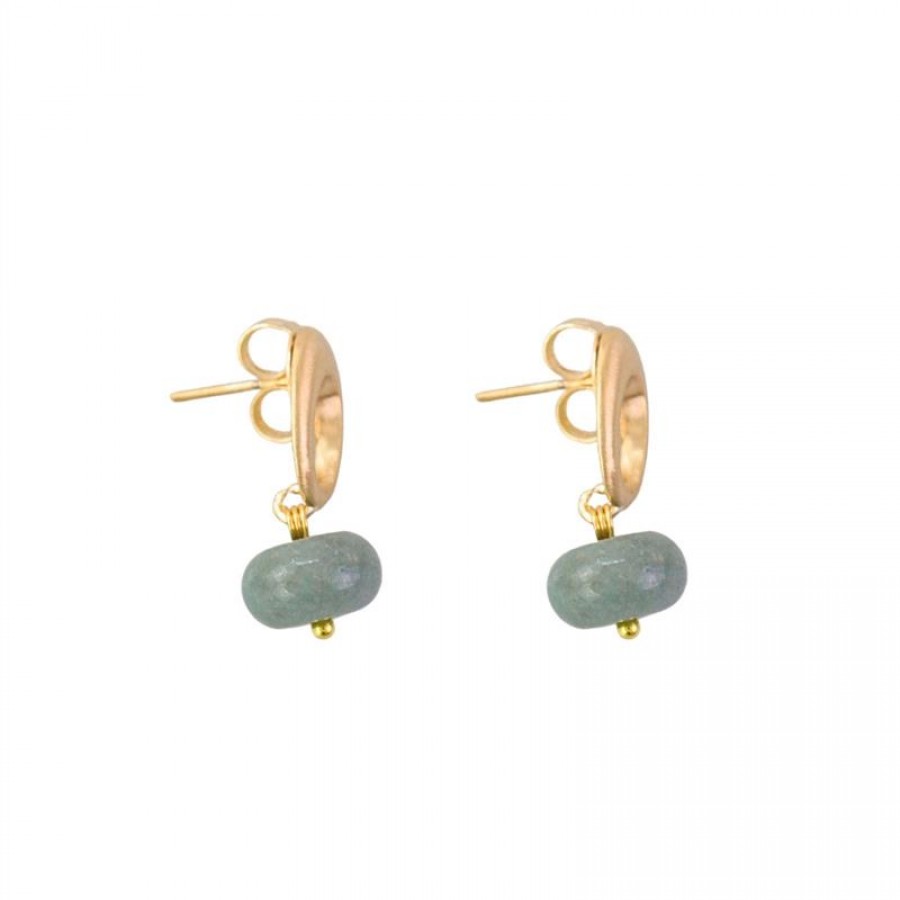 Brinco Base Oval Vazado Com Jade Cinza Banhado Em Ouro 18k
