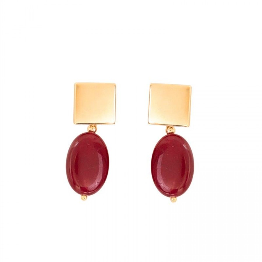 Brinco Base Quadrado Liso Com Pingente Jade Rubi Banhado Em Ouro18k