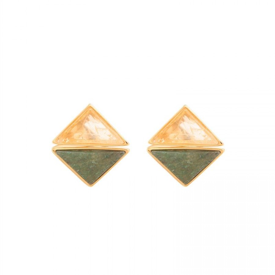 Brinco Duplo Triângulo Pedra Quartzo Verde Com Citrino Banhado Em Ouro 18k