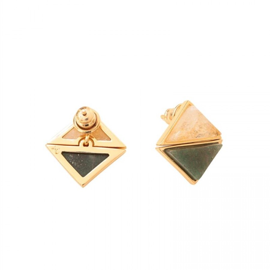 Brinco Duplo Triângulo Pedra Quartzo Verde Com Citrino Banhado Em Ouro 18k