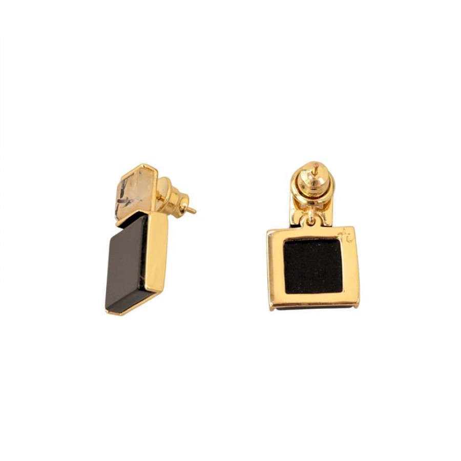 Brinco Quadrado Duplo Ônix Com Rutilo Grafitado Banhado Em Ouro 18k