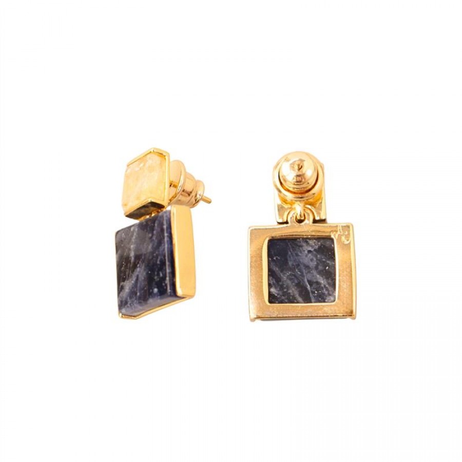 Brinco Quadrado Duplo Sodalita Com Citrino Banhado Em Ouro 18k