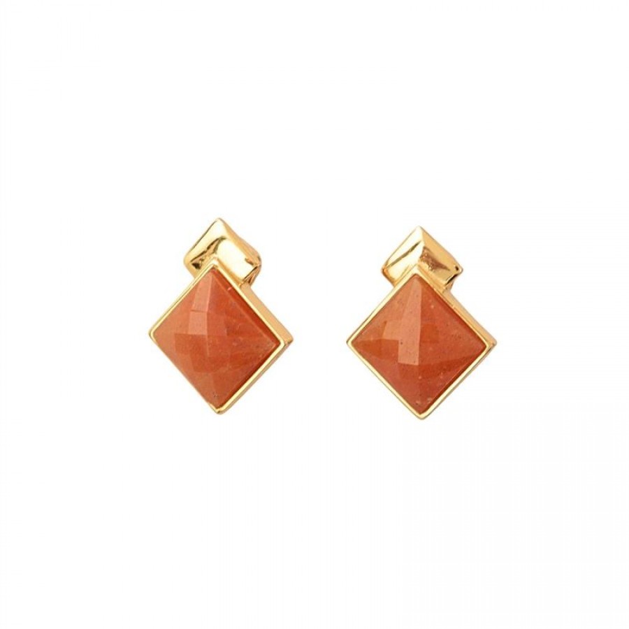 Brinco Duplo Essência Pedra Ágata Laranja Banhado Em Ouro 18k