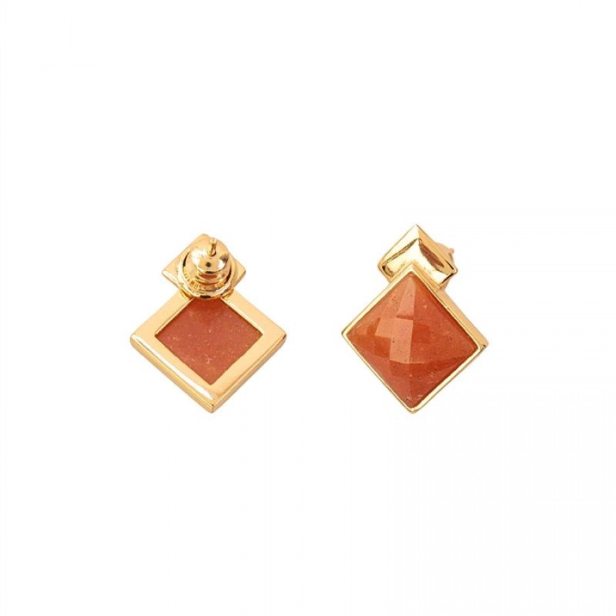 Brinco Duplo Essência Pedra Ágata Laranja Banhado Em Ouro 18k