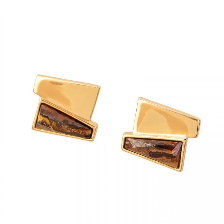 Brinco Duplo Trapézio Pedra Olho De Tigre Banhado Em Ouro 18k 