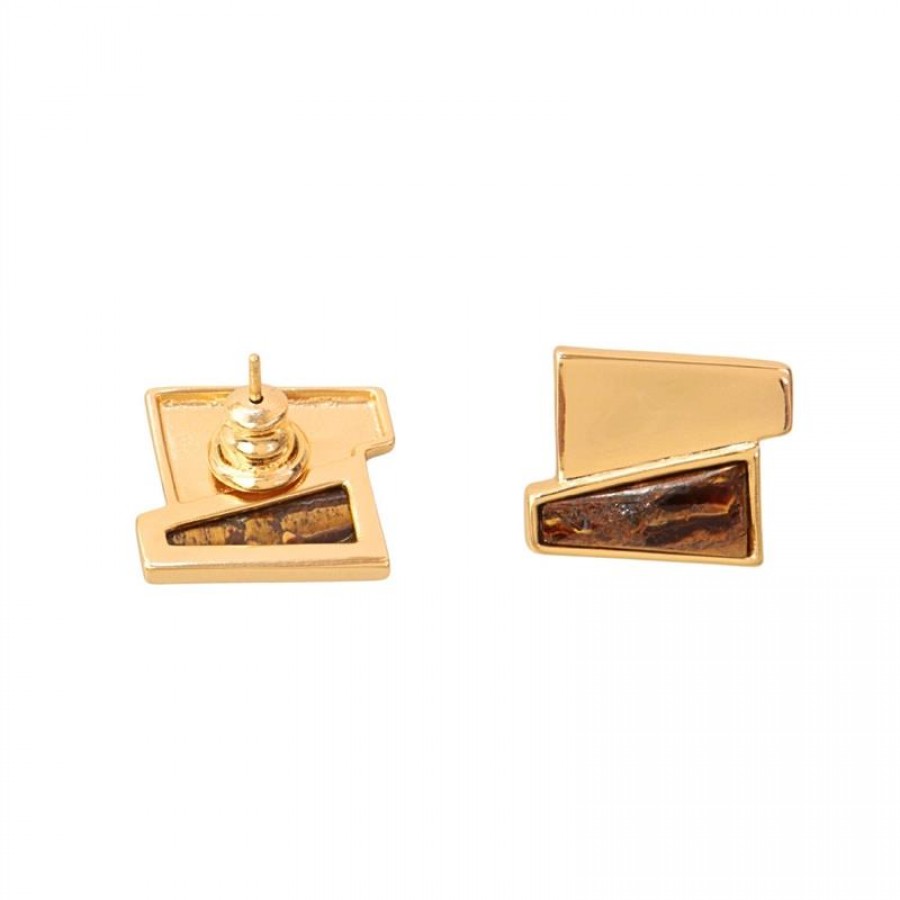 Brinco Duplo Trapézio Pedra Olho De Tigre Banhado Em Ouro 18k 