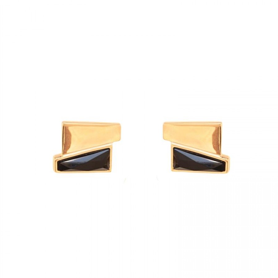 Brinco Duplo Trapézio Pedra Ônix Banhado Em Ouro 18k
