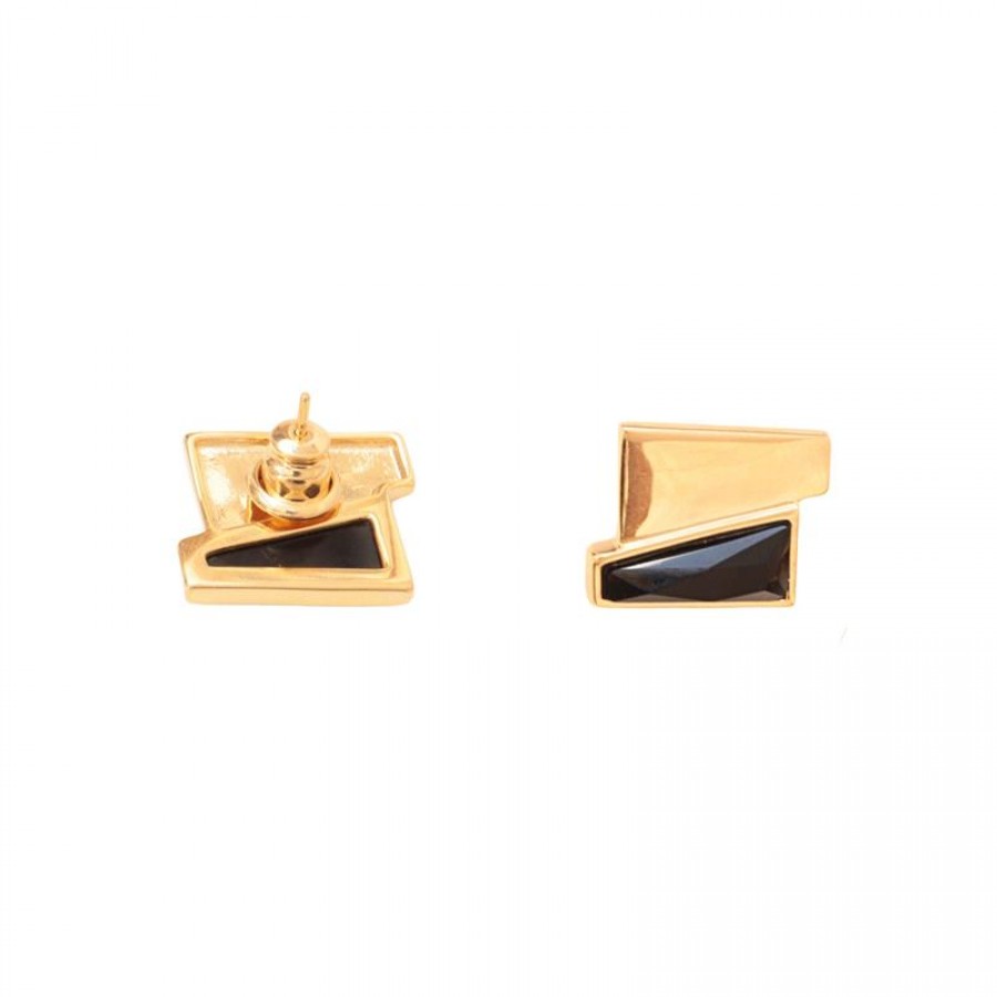 Brinco Duplo Trapézio Pedra Ônix Banhado Em Ouro 18k