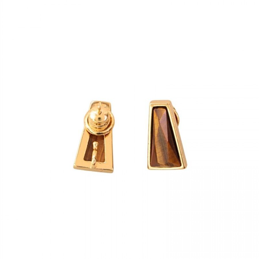 Brinco  Trapézio Pedra Olho De Tigre Banhado Em Ouro 18k 