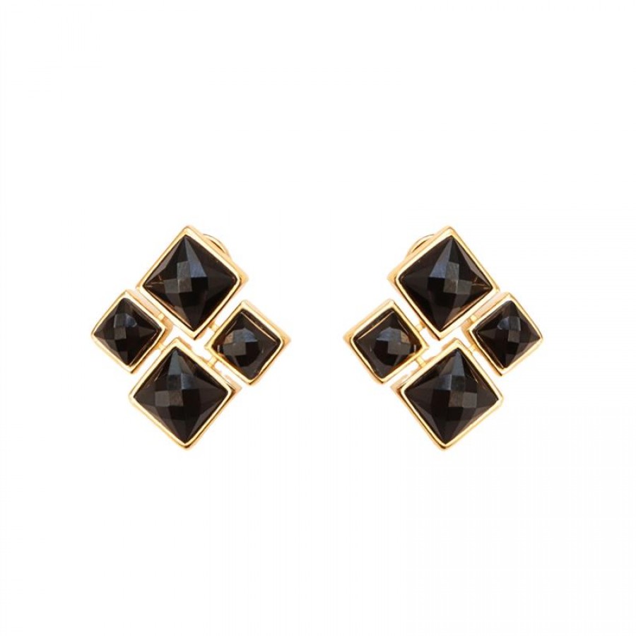 Brinco Xadres Pedra Ônix Facetado Banhado Em Ouro 18k