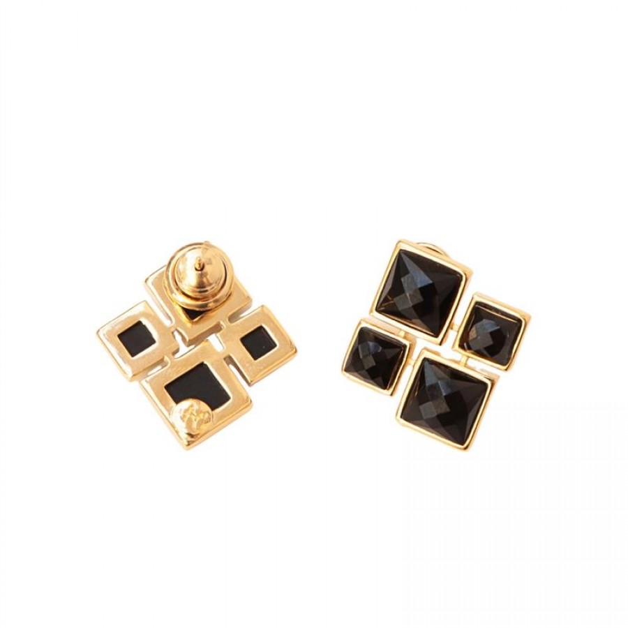 Brinco Xadres Pedra Ônix Facetado Banhado Em Ouro 18k