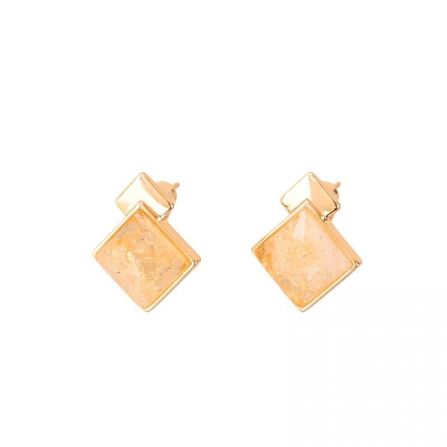 Brinco Duplo Essência Pedra Citrino Banhado Em Ouro 18k