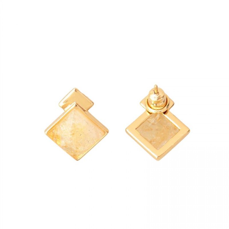 Brinco Duplo Essência Pedra Citrino Banhado Em Ouro 18k