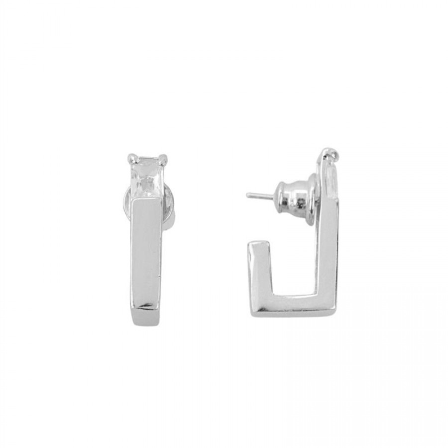 Argola Minimalista Retangular Com Cristal Banhado Em Prata 