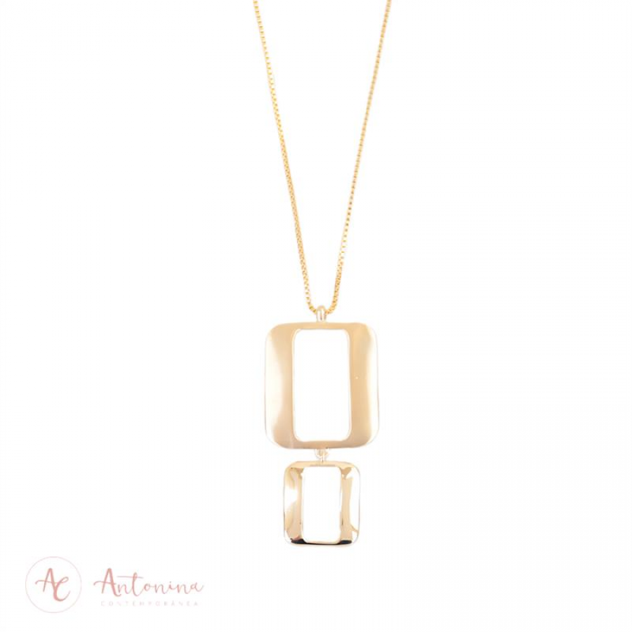 Colar Duplo Quadrado Vazado Banhado Em Ouro 18k