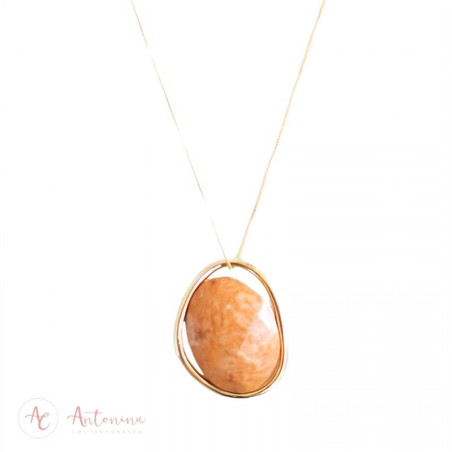 Colar Forma Irregular Pedras Naturais Feldspato Laranja Banhado Em Ouro 18k