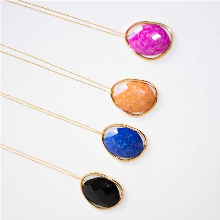 Colar Forma Irregular Pedras Naturais Feldspato Laranja Banhado Em Ouro 18k