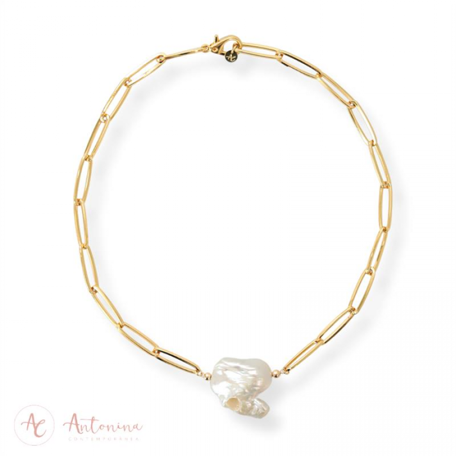 Colar Choker Elos Com Pérola Barroca Central