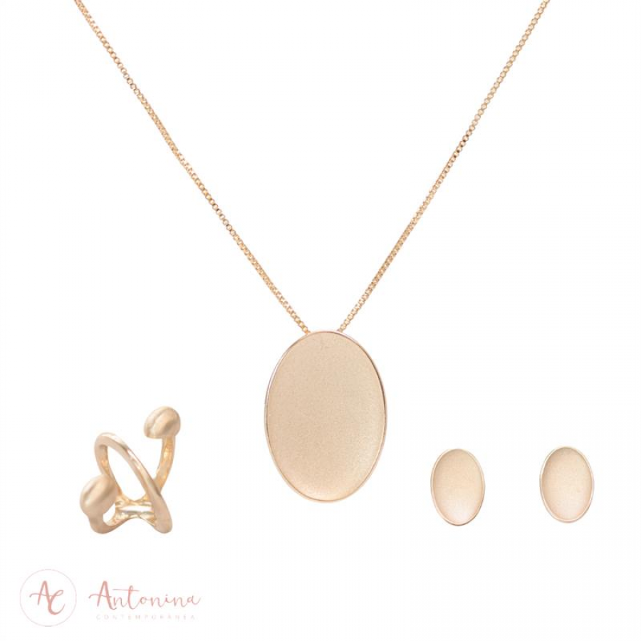 Colar Oval Côncavo Fosco Banhado Em Ouro 18k
