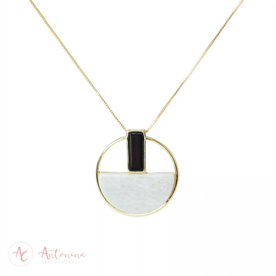 Colar Forma Redondo Amazonita Nude  E Ônix Banhados Em Ouro 18k